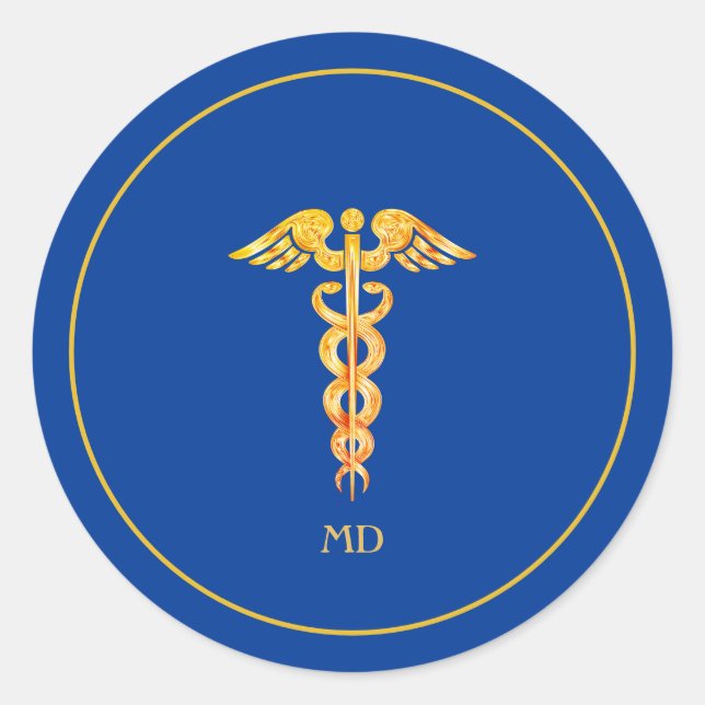 Monogramm und Golden Medical Doctor on Blue Runder Aufkleber (Vorderseite)