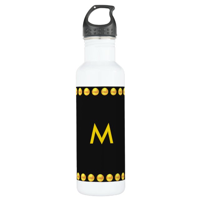 Monogramm und goldgepunktete Streifen auf schwarz Edelstahlflasche (Vorderseite)