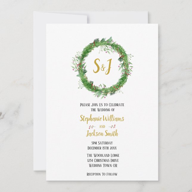 Monogramm und Kranz | Winter Greenerity Wedding Einladung (Vorderseite)