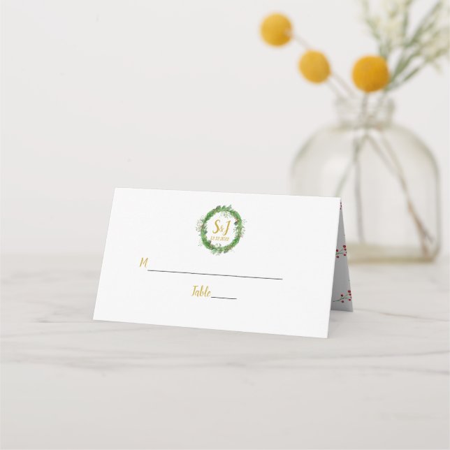 Monogramm und Kranz | Winter Greenerity Wedding Platzkarte (Vorderseite)