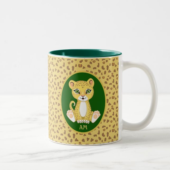 Monogramm und Leopard auf grüner Braun und goldene Zweifarbige Tasse (Rechts)