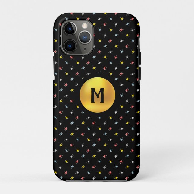 Monogramm und mehrfarbige Sterne auf schwarz Case-Mate iPhone Hülle (Rückseite)