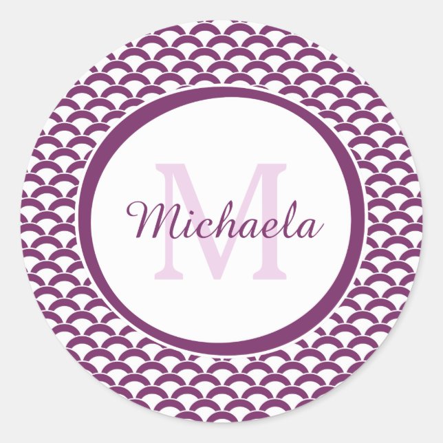 Monogramm und Name der modernen Lila und weißen Sc Runder Aufkleber (Vorderseite)