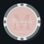 Monogramm und Name der personalisierten Bridesmaid Pokerchips<br><div class="desc">Personalisierte Bridesmaids Geschenke sind mit dem personalisierten Namen der Brautjungfrau im Stil eines Schriftartes mit weißer Schrift und Monogramm im klassischen,  rosa Serif-Schriftart-Stil als Hintergrund mit dem Titel und dem Hochzeitstermin im klassischen,  weißen Serif-Schriftart-Stil auf rot-rosa Hintergrund ausgestattet. Auch perfekt für Trauzeugin,  Blume Mädchen,  Mutter der Braut und mehr.</div>