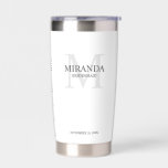 Monogramm und Name der personalisierten Bridesmaid Thermobecher<br><div class="desc">Fügen Sie Ihrer Hochzeit eine persönliche Touch mit dem Monogramm und dem Namensgeschenk der personalisierten Brautjungfrau hinzu. Dieses Design zeichnet sich durch den Namen der personalisierten Brautjungfrau aus, mit dem Titel und dem Hochzeitstermin in Grau und Monogramm in hellgrau als Hintergrund, im klassischen Serif-Schriftart-Stil, auf weißem Hintergrund. Auch perfekt für...</div>