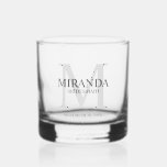 Monogramm und Name der personalisierten Bridesmaid Whiskyglas<br><div class="desc">Fügen Sie Ihrer Hochzeit eine persönliche Touch mit dem Monogramm und dem Namensgeschenk der personalisierten Brautjungfrau hinzu. Dieses Design zeichnet sich durch den Namen der personalisierten Brautjungfrau aus, mit Titel und Hochzeitstermin in Grau und Monogramm in hellgrau als Hintergrund, im klassischen Serif-Schriftart-Stil. Auch perfekt für Trauzeugin, Mutter der Braut und...</div>