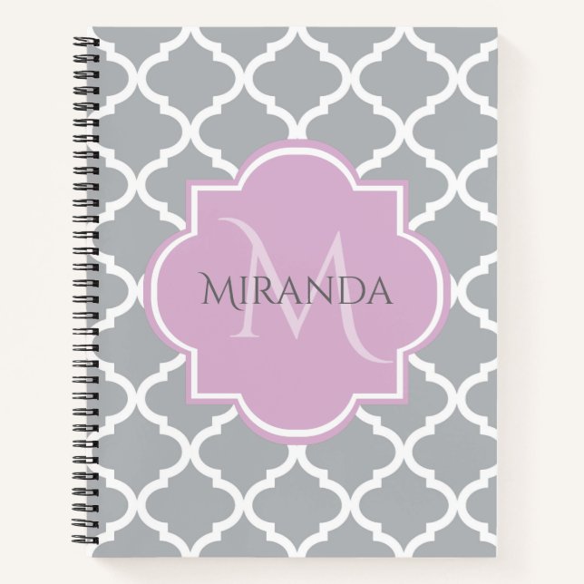 Monogramm und Name des Girly Grey Quatrefolie Lave Notizbuch (Vorderseite)