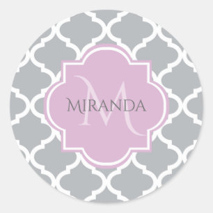 Monogramm und Name des Girly Grey Quatrefolie Lave Runder Aufkleber