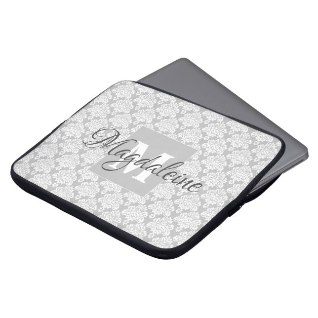 Monogramm und Name des hübschen Grau-Damaselmuster Laptopschutzhülle (Vorne Oben)