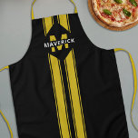 Monogramm und Name des männlichen Koch Schürze<br><div class="desc">Personalisierte Herren-Schürze mit einem stilvollen schwarzen Hintergrund,  gelben Sportstreifen,  Ihren Anfang und Namen. Diese personalisierte Schürze wäre ein großartiges Geschenk für den Geburtstag oder Geburtstag!</div>