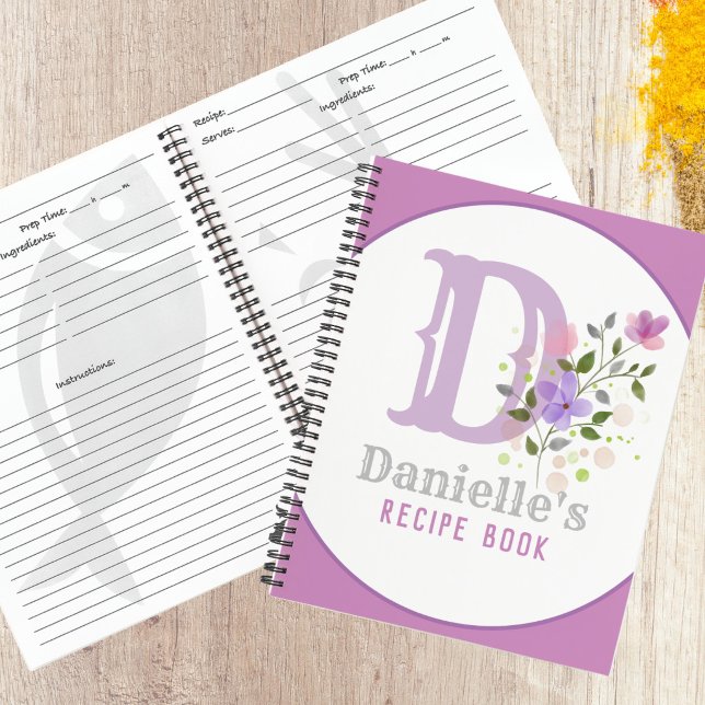 Monogramm und Name mit Blume Notizbuch (Personalized Recipe Book)