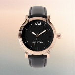 Monogramm und Name Rose Gold Männergelband Armbanduhr<br><div class="desc">Diese elegante Rose goldfarbene Herren's Glam Handgelenk-Uhr ist mit einer robusten schwarzen Band, schwarzen Gesicht, und personalisiert mit Monogramm und Namen. Sie können das Monogramm und/oder den Namen einfach ändern und die weißen Markierungen löschen, falls gewünscht. Was für ein wunderbares Geschenk für ihn - ein Trauzeuge, Trauzeuge, Usher, Abschluss, Vatertag,...</div>