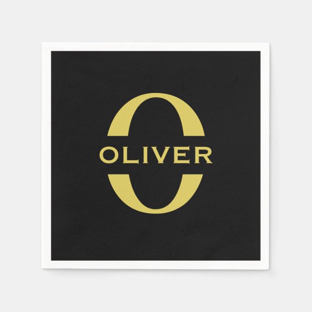 Monogramm und Name Schwarz und Gold Personalisiert Serviette (Vorderseite)