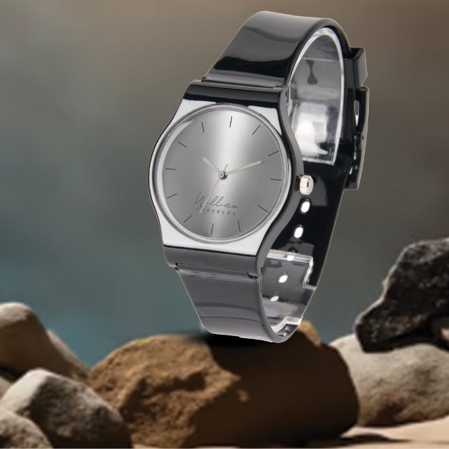 Monogramm und Name Silver Metallic Men's Black Ban Armbanduhr (Von Creator hochgeladen)