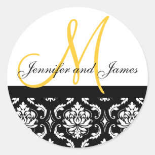 Monogramm und Namen Damask Gelbe Hochzeitsticker Runder Aufkleber