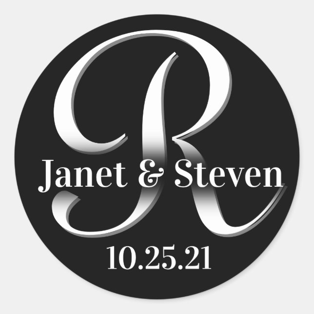 Monogramm und Namen Schwarz und Weiß Runder Aufkleber (Vorderseite)