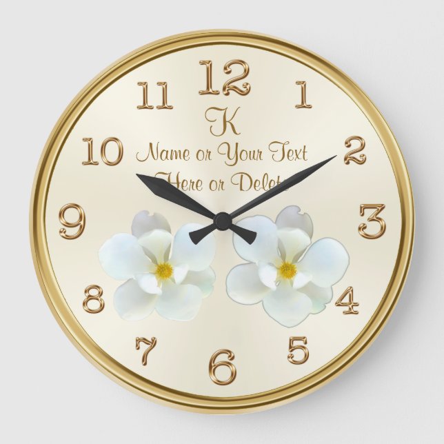 Monogramm und Personalisierte Magnolia-Uhr Große Wanduhr (Vorderseite)