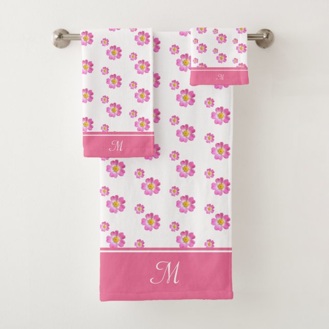 Monogramm und schöne rosa Blume auf Weiß Badhandtuch Set (Insitu)
