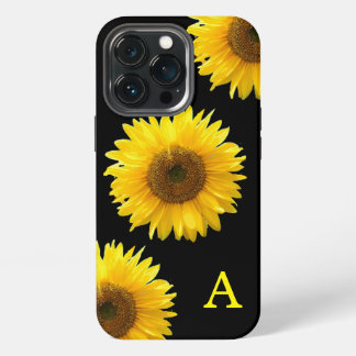 Monogramm und schöne Sonnenblumen auf Schwarz iPhone 13 Pro Hülle