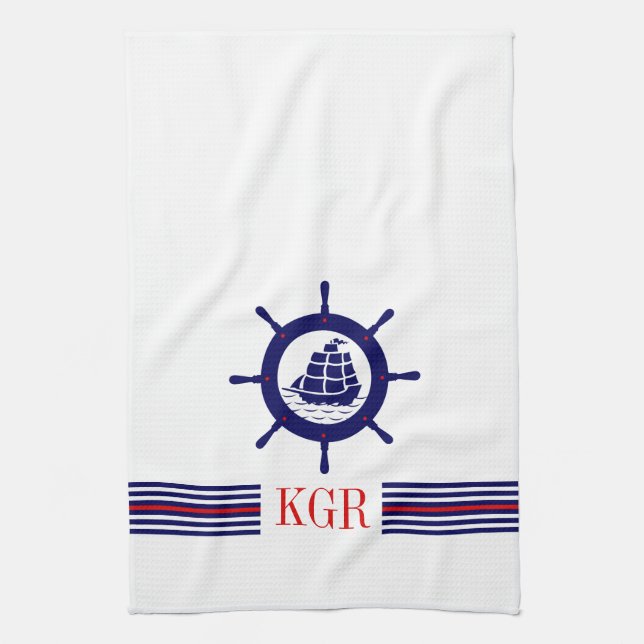 Monogramm und Streifen des blauen Nautical Boat Wh Handtuch (Vertikal)