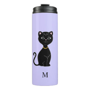 Monogramm und süße schwarze Katze auf hellblauem I Thermosbecher
