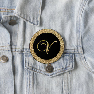 Monogramm V, elegantes goldenes Drehbuch Button