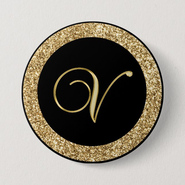 Monogramm V, elegantes goldenes Drehbuch Button (Vorderseite)