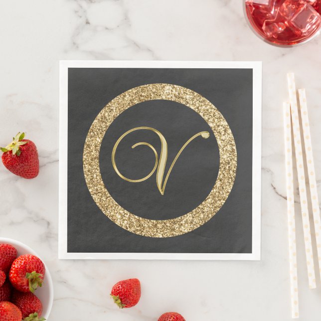 Monogramm V, elegantes goldenes Drehbuch Serviette (Beispiel)
