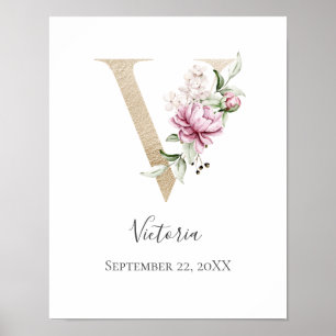 Monogramm V Rosa Weiß Blumen Gold Buchstabe Kinder Poster