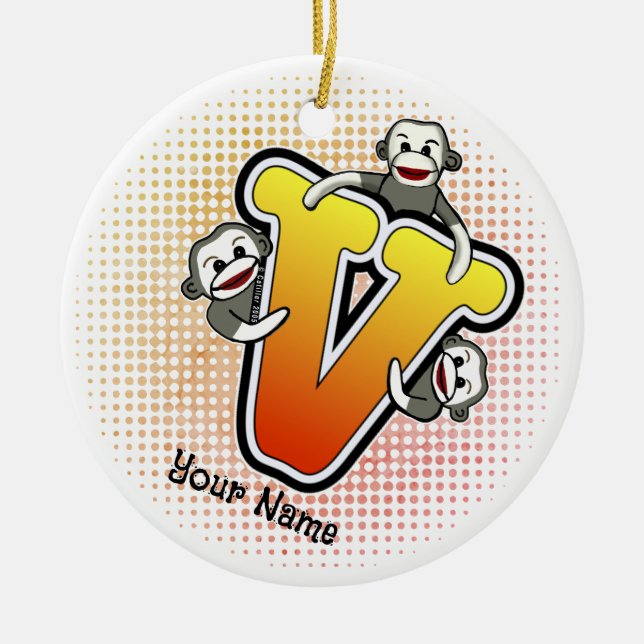 Monogramm V Sock Monkey  Keramik Ornament (Vorne)