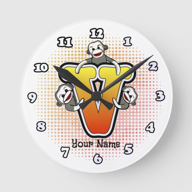 Monogramm V Sock Monkey-Uhr Runde Wanduhr (Vorderseite)