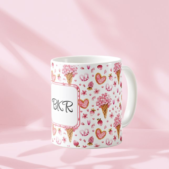 Monogramm, Valentine Candy & Hydrangea Muster 11oz Kaffeetasse (Von Creator hochgeladen)