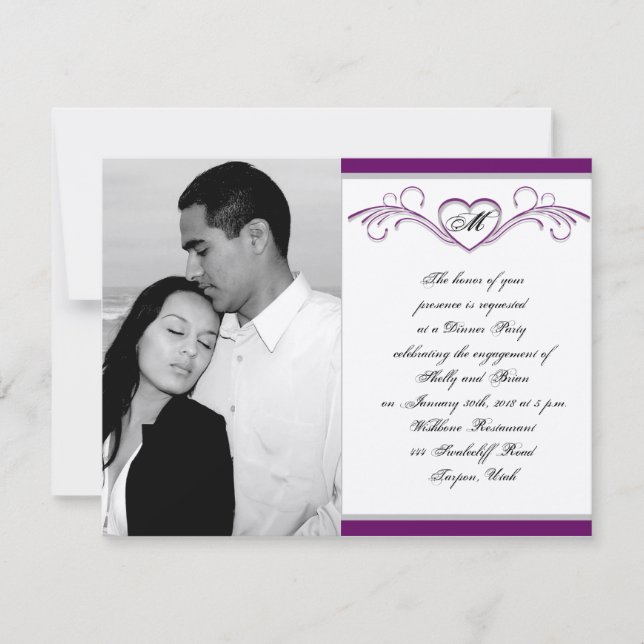 Monogramm-Verlobung für Lila und Silbertabletten Einladung (Vorderseite)