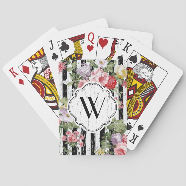 Monogramm-verwitterter schwarzer Blumenstreifen Spielkarten (Rückseite)