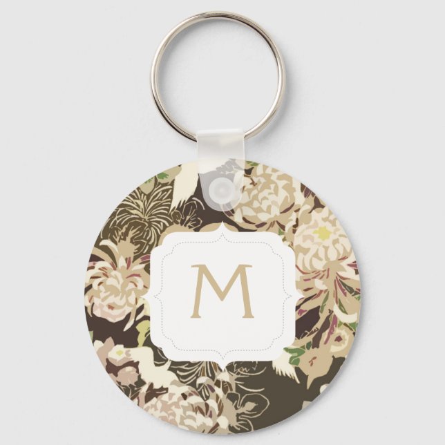 Monogramm Vintag-braun-beige Blume und Vögel Schlüsselanhänger (Vorderseite)