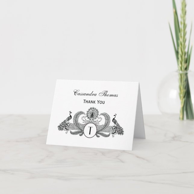 Monogramm Vintag Peacocks Dankeskarte (Vorderseite)