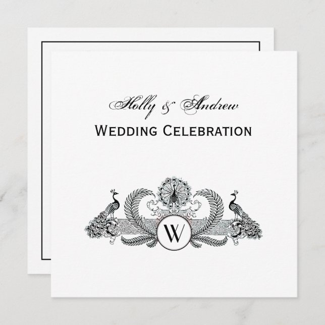 Monogramm Vintag Peacocks Einladung (Vorne/Hinten)