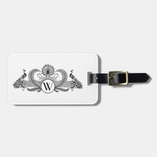 Monogramm Vintag Peacocks Gepäckanhänger (Vorderseite horizontal)