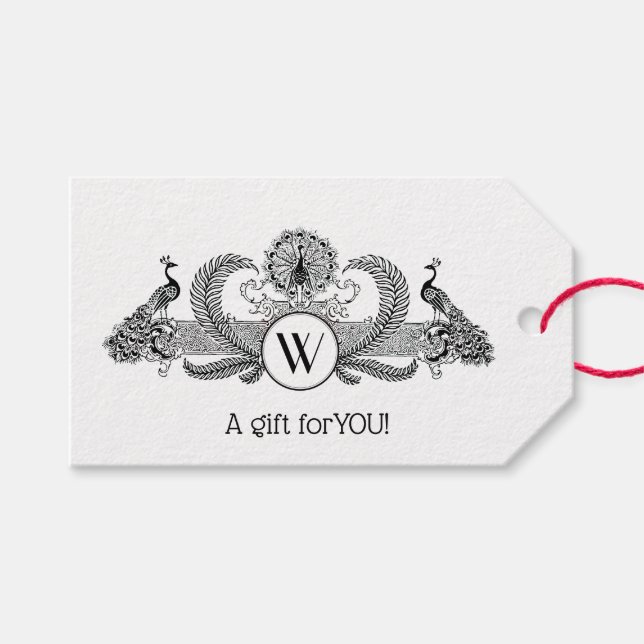 Monogramm Vintag Peacocks Geschenkanhänger (Vorderseite (Horizontal))