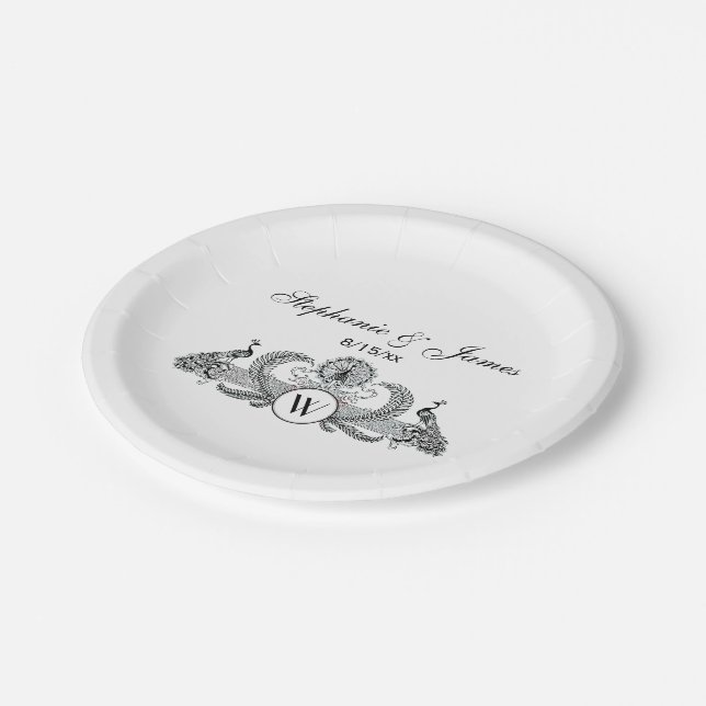 Monogramm Vintag Peacocks Pappteller (Schrägansicht)
