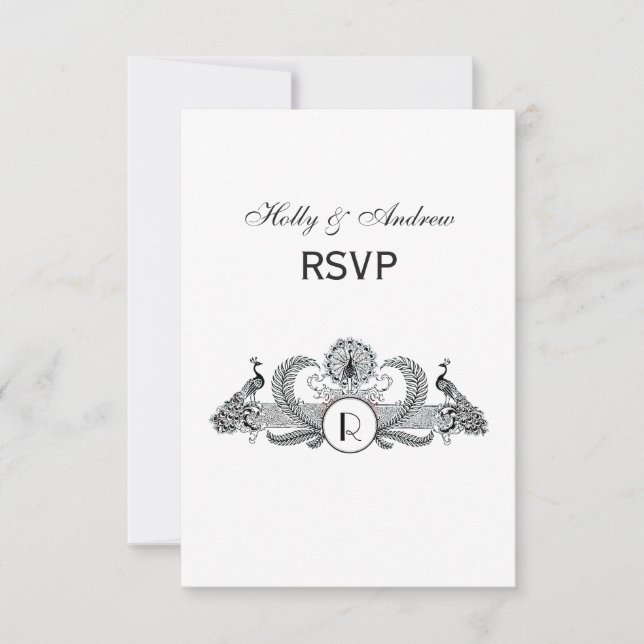 Monogramm Vintag Peacocks RSVP Karte (Vorderseite)