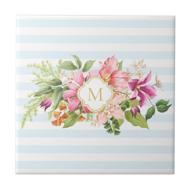 Monogramm Vintage Blumen Rosa Pastell Keramikflies Fliese (Vorderseite)