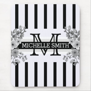 Monogramm Vintage Blumen Schwarz Streifen Mousepad
