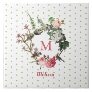 Monogramm Vintage-Blumen- & Vogelkranz Polka Punkt Fliese