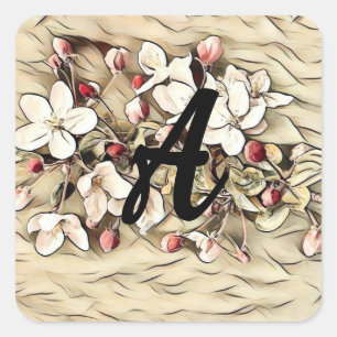 Monogramm Vintage braune Kirschblüten Zeichnung Quadratischer Aufkleber