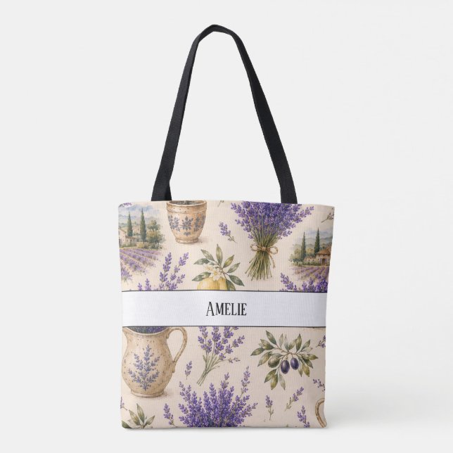 Monogramm Vintage Provence Lavendel-Tragetasche (Rückseite)