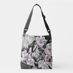 Monogramm Vintage rosa Blüten auf einem Zweig Tragetaschen Mit Langen Trägern