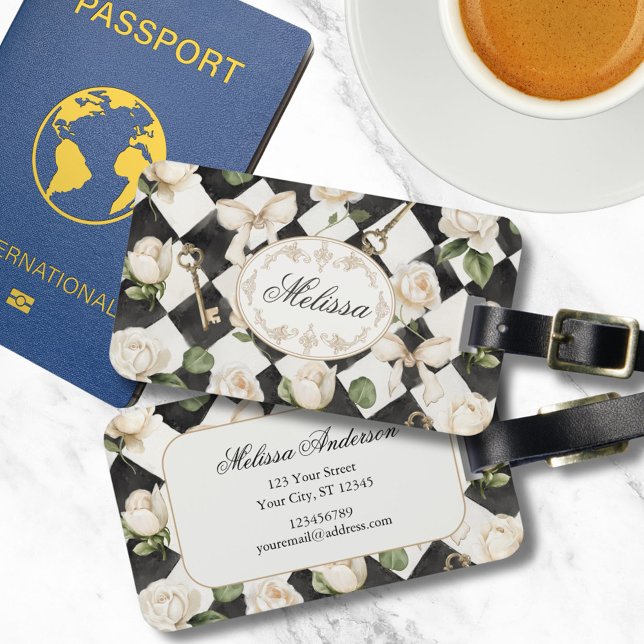 Monogramm Vintage Rose Blume Schwarz-weiß Diamond Gepäckanhänger (In situ)