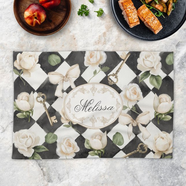 Monogramm Vintage Rose Blume Schwarz-weiß Diamond Geschirrtuch (In situ)