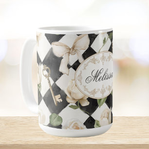 Monogramm Vintage Rose Blume Schwarz-weiß Diamond Kaffeetasse